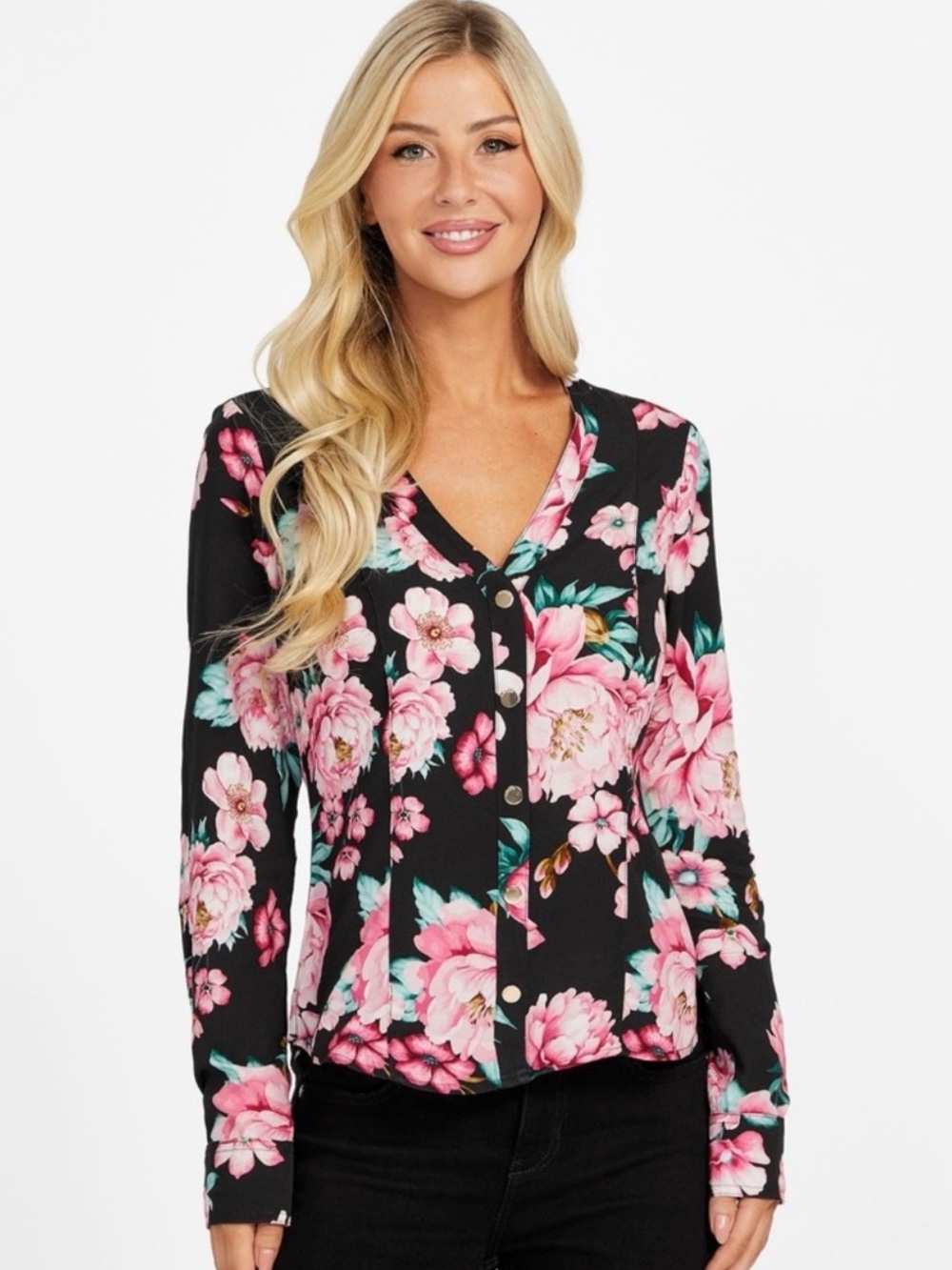 Guess Black Floral Button-Front Blouse with Pink Blooms